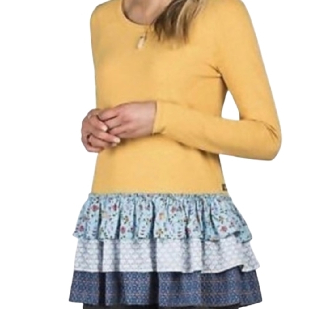 Matilda Jane Mustard Yellow Blue Mixed Tiered Ruffle Hem Size XS Cottagecore